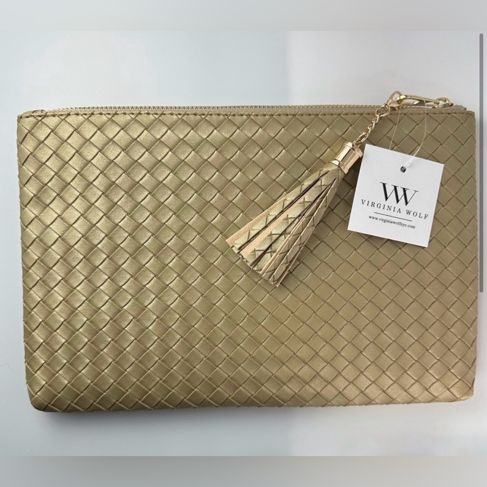 VIRGINIA WOLF Woven Pouch Gold Vegan Leather Clutch Tassel Zip Top Make Up - Picture 2 of 7